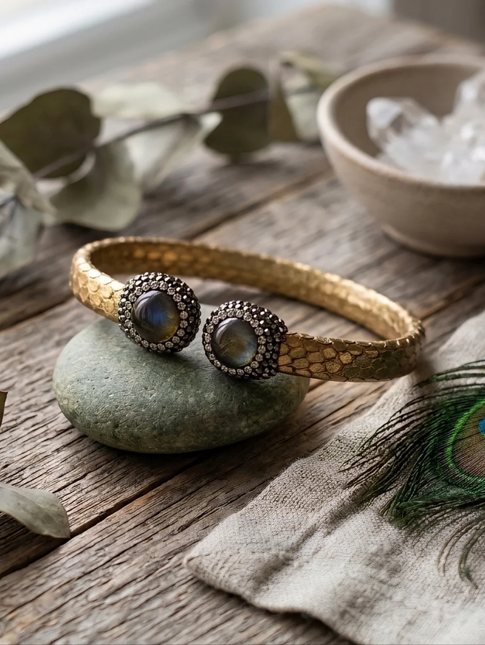 Golden Python Leather Labradorite Open Cuff Bracelet Artisan Statement Jewelry